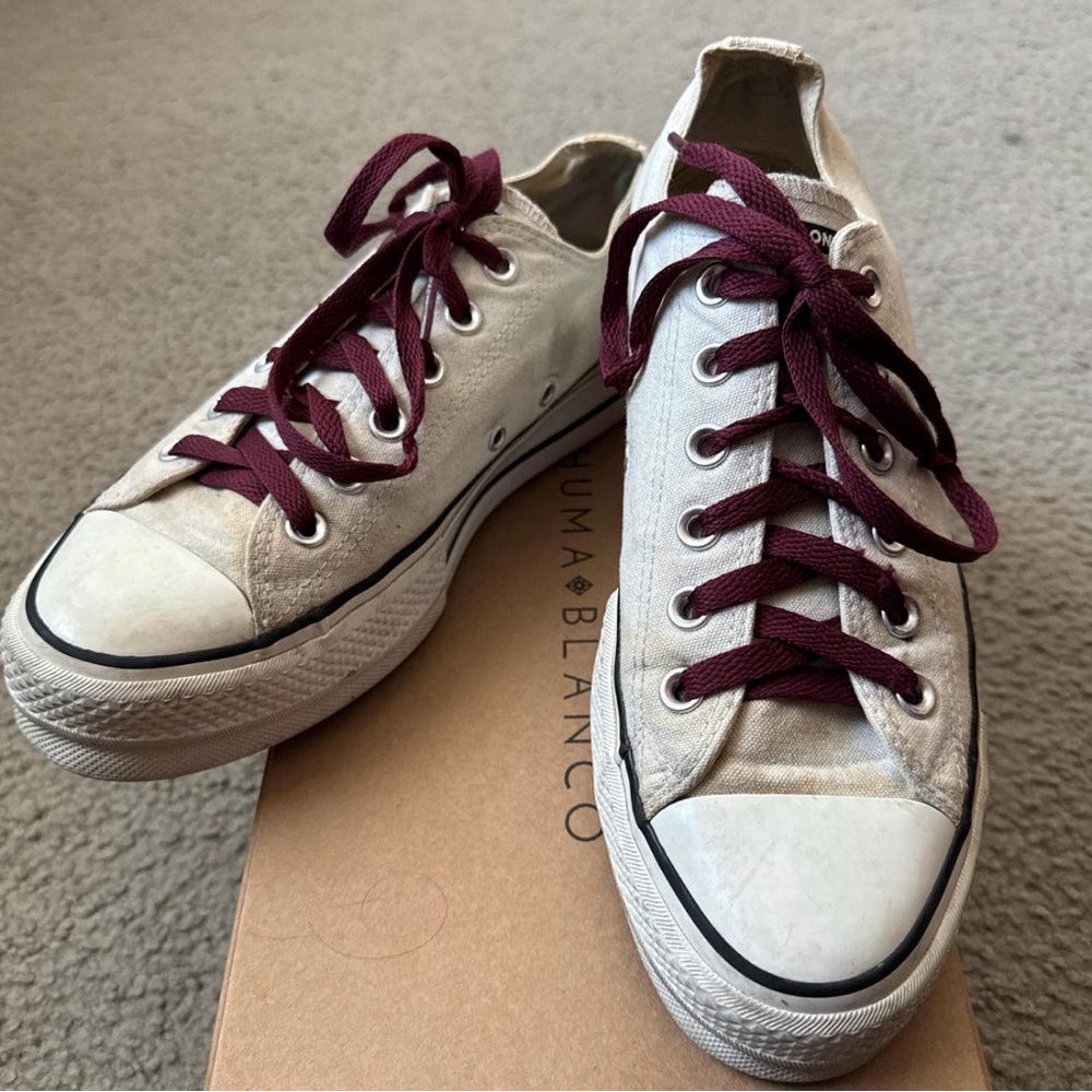 Converse Low Top Canvas Sneakers in Cream with Burgundy Laces